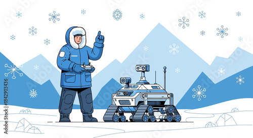 Remote polar expedition with automated rover exploring frozen landscapes and icy mountains