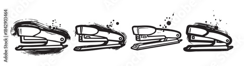 Four stylized staplers depicted with a dynamic grunge ink effect, showcasing essential office stationery tools in a modern artistic illustration.