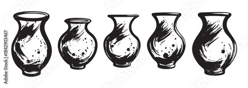 Decorative ceramic vases in a rustic black and white ink brush stroke illustration style, showcasing various traditional pottery shapes.