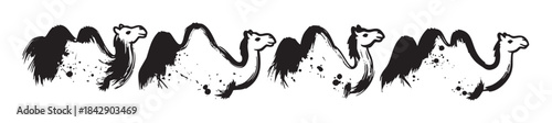 Stylized black ink brushstroke camels form a decorative border, showcasing an artistic and minimalist design with textured details and a distinctive graphic appeal.