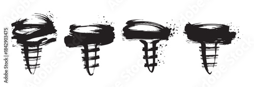 Four abstract screws depicted with a bold, expressive brushstroke and ink splatter style, creating a grunge and artistic design element.