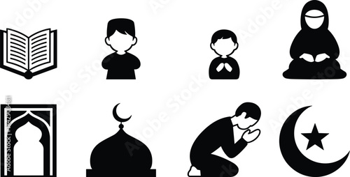 Islamic pray icon set with holy quran, muslim people, mosque, and crescent moon star symbol