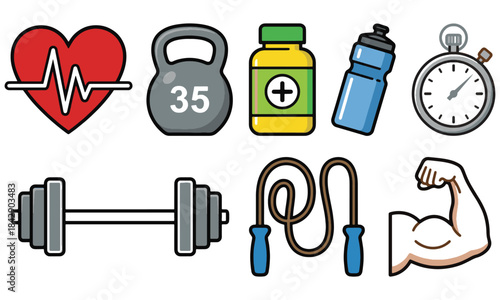 Colorful gym and fitness icon set in line art style with heart and equipment