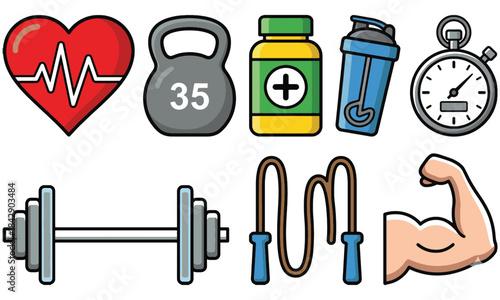 Gym and fitness activity icon set with stick figures performing various exercises