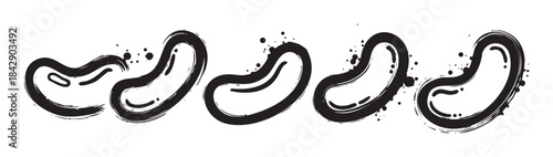 Five stylized bean shapes depicted with expressive black brushstrokes and ink splatters, forming a contemporary artistic design element.