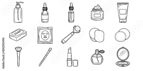 Skincare cosmetics beauty products icons set. 