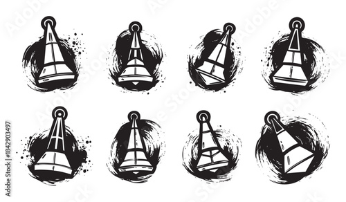 Eight stylized buoys and navigational markers are depicted with a grunge brushstroke effect, creating a bold monochrome graphic design element.