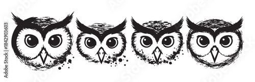 Four distinct stylized owl faces with expressive eyes and pointed ear tufts are rendered in a charming black and white grunge ink style, perfect for various design projects.