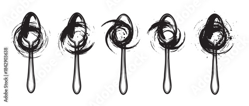 Five artistic spoons with abstract black ink brushstrokes create a unique and expressive culinary design element for various creative projects.