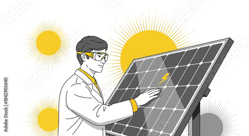 Renewable energy expert inspecting a solar panel array under the bright sun for clean energy future