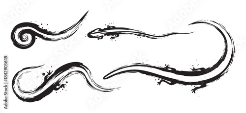 Stylized lizards and abstract brushstrokes are depicted in a dynamic black ink style, featuring textured lines and splatters for artistic design elements.