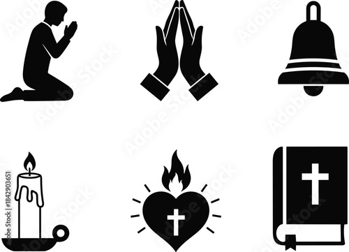 Set of christian pray icon silhouettes including praying man hands bell candle heart and bible