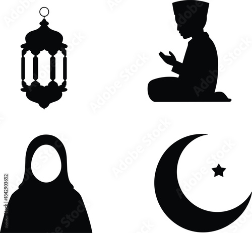 Islamic symbols collection with ramadan lantern muslim man praying hijab and crescent star icon