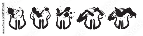 Abstract tooth-like ink illustrations featuring expressive brush strokes and grunge splatters, creating a dynamic and artistic visual collection of organic forms.