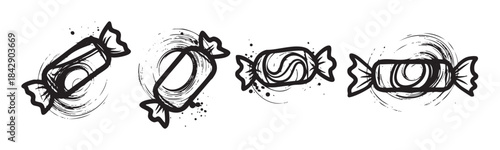 Four stylized wrapped candy illustrations featuring a grunge brush stroke texture and ink splatter details, perfect for a playful design or sweet confectionery concept.