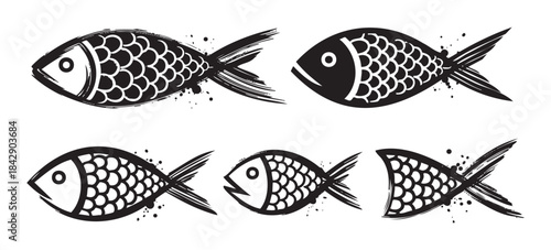 Collection of stylized fish icons rendered in a rustic brushstroke style, showcasing diverse aquatic life forms with a textured, artistic appeal.