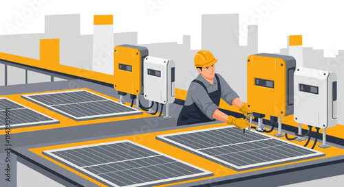 Renewable energy project showing solar panel installation on building rooftop system