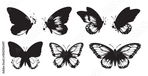 Six elegant black butterflies with artistic grunge texture and detailed wing patterns, creating a beautiful collection of insect silhouettes.