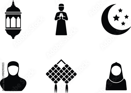 Set of islamic elements including lantern praying muslim person hijab ketupat and crescent moon with stars