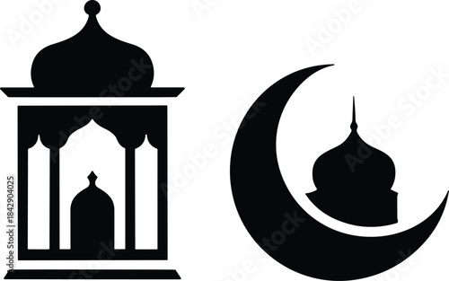 Set of islamic pray icon design, muslim religion lantern, mosque dome and crescent moon for eid mubarak