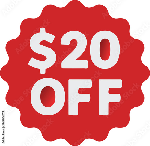 Twenty dollars off sticker icon sale promotion badge shape isolated on transparent background design element