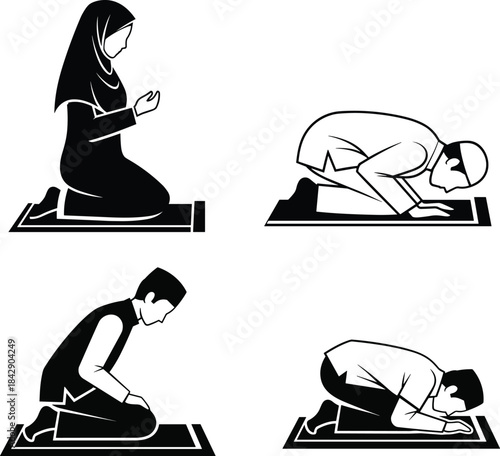 Set of muslim people pray icon on prayer mat in different positions vector illustration