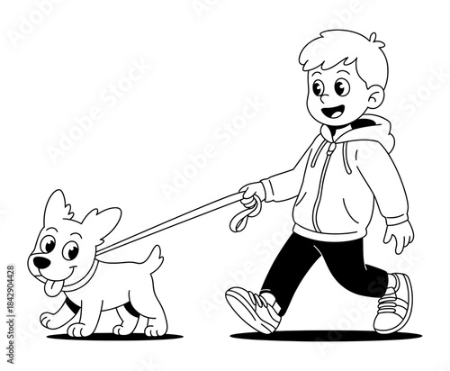A young boy happily walks his small dog on a leash.