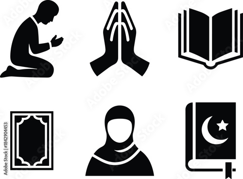 Set of muslim pray icon with man praying, praying hands, open book and islamic quran, vector elements