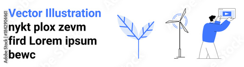 Wind turbine, minimalist leaf graphic, and a person holding a screen. Ideal for sustainability, eco living, education, green energy, innovation, nature conservation simple landing page