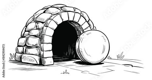 An illustration of the empty tomb and stone rolled away, symbolizing resurrection