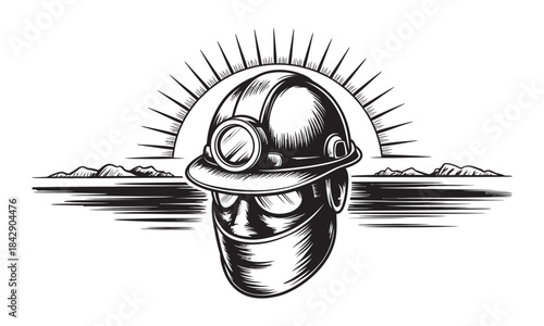 Retro emblem illustration of a miner's hard hat with a rising sun background