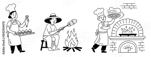 Illustration of diverse cooking methods including baking, campfire roasting, and brick oven pizza