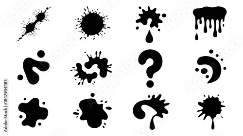 Collection of black ink splatters and paint drips graphic design elements