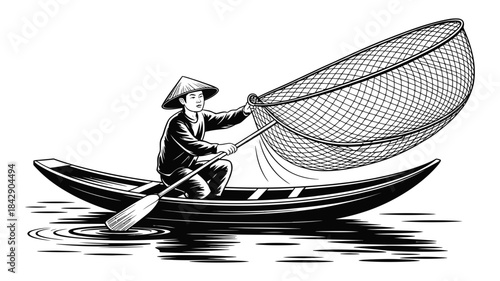 A fisherman in a small boat prepares to cast a large net into the water