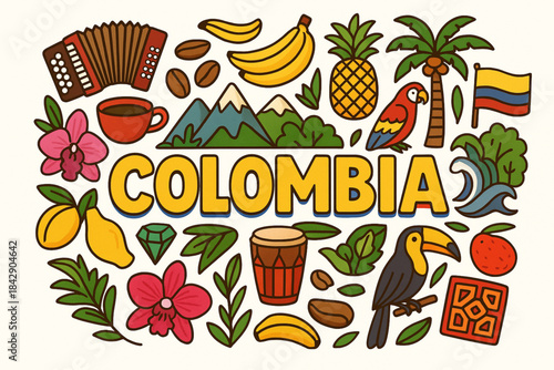 Colombia Cultural Icons Vector Illustration with Nature, Music and Traditional Elements