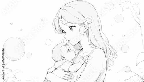 Mother holding her baby close with a loving gaze in a serene environment