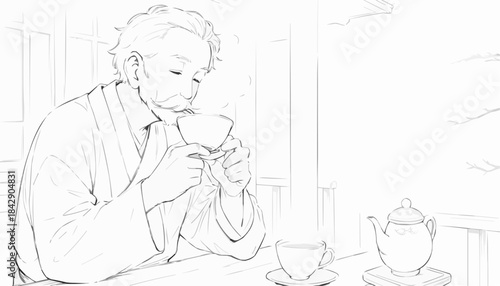 Elderly man sipping herbal tea on a misty balcony in a tranquil atmosphere