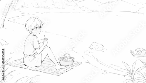 Young person enjoying a quiet picnic by the lakeside in a serene setting