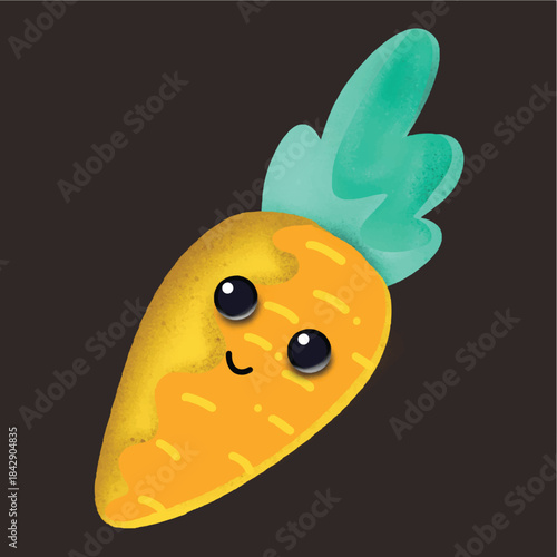 Cartoon Carrot Character – Cute Orange Vegetable with Eyes, Smile, Leafy Top and Texture on Dark Background for Sticker, UI, Web, Poster, Branding, Children’s Media, or Creative Graphic Design