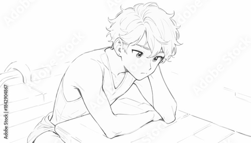 Freckled boy sitting by the pool in the morning sun, lost in thought