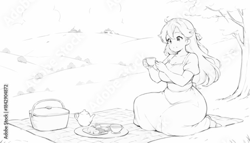 Curvy woman brewing tea at a picnic on a hilltop with a beautiful view