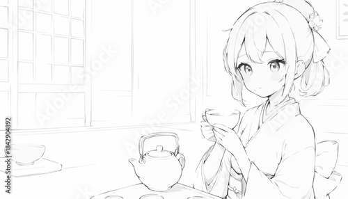 Anime character enjoying a tea ceremony in a relaxing setting
