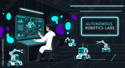 Robotics laboratory with an engineer examining the robots, future technology and autonomous