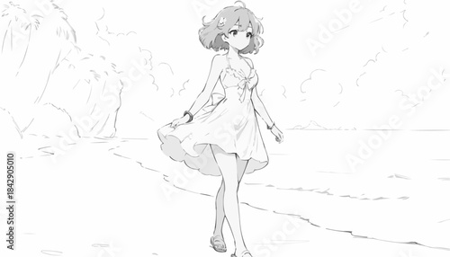 Girl strolling along a serene beach at noon with a joyful demeanor
