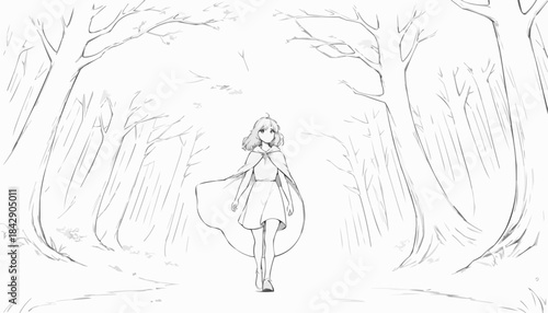 Young girl walking in an anime forest with a mysterious atmosphere