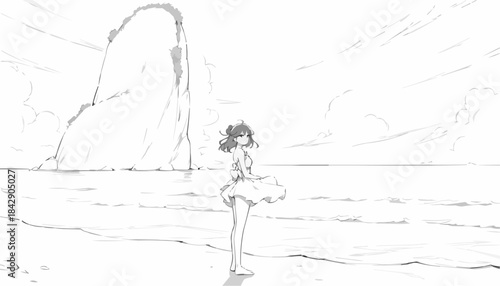 Girl standing on the shore of a calm sea at sunset with a tranquil expression 
