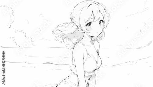 Anime girl on the beach with a serene expression enjoying the ocean backdrop
