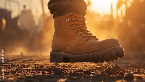Close-up of a sturdy work boot on dusty ground at sunset.