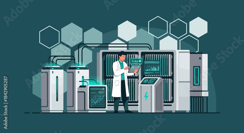 Scientist Analyzing Data in a High-Tech Laboratory with Advanced Equipment and Hexagonal Molecular