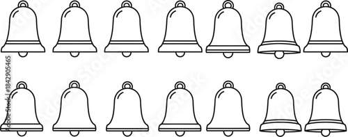 Collection of simple black outline notification bell icons arranged in two horizontal rows for user interface design elements